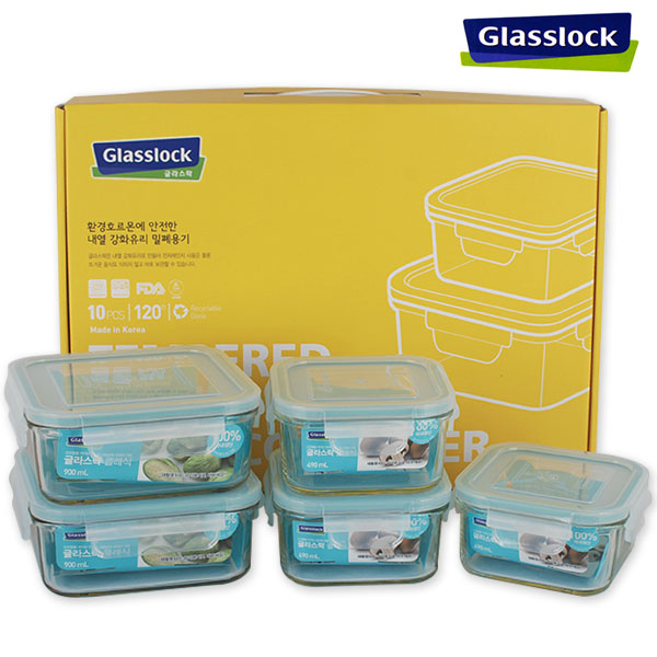 글라스락 정사각5조세트(900ml-2개/490ml-3개) 전자렌지용기 내열유리 냉장고찬통