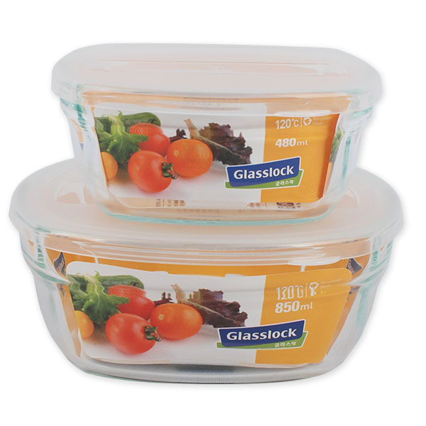글라스락 사각렌지볼(480ml+850ml) 총2개 화채볼 전자렌지그릇 유리찬통 쿠킹볼 밀폐보관용기