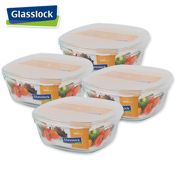 글라스락 사각화채볼(480ml)-4개 전자렌지용기 렌지볼 유리찬통 쿠킹볼 밀폐보관용기